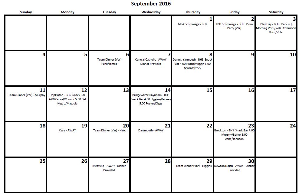 September Volleyball Calendar